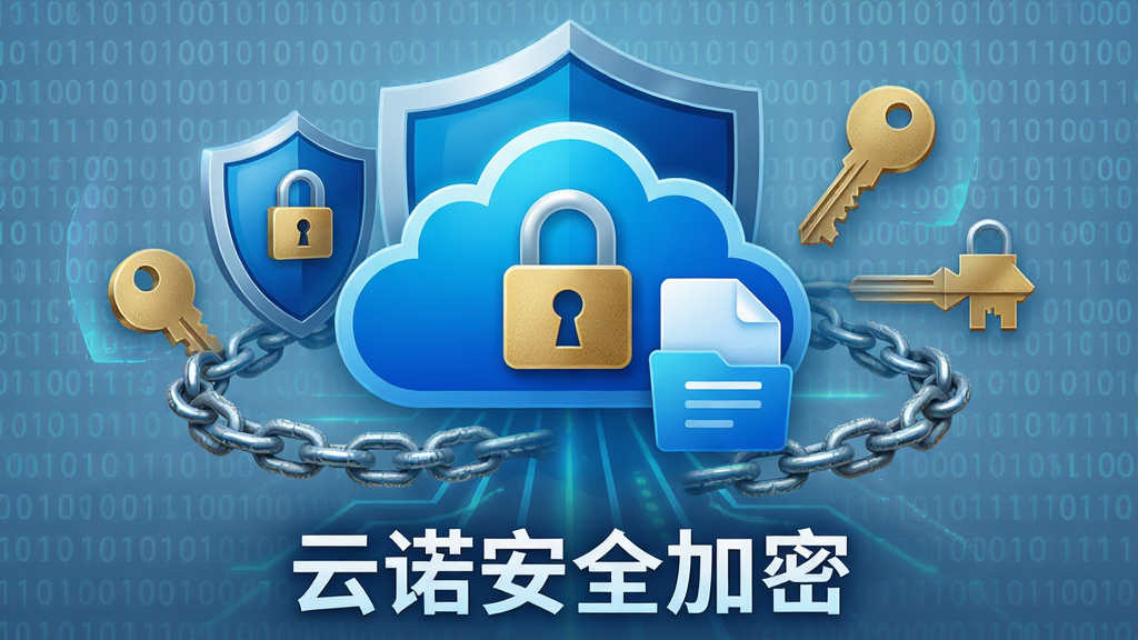 一张展示云诺安全加密功能的图片,画面主体为一个带有锁形图标的云朵与文件图标组合,周围环绕盾牌与密钥图形,布局为居中对称构图,风格为安全科技风,细节包括加密锁链纹理与二进制代码背景,画质清晰,图片下方带有“云诺安全加密”文字