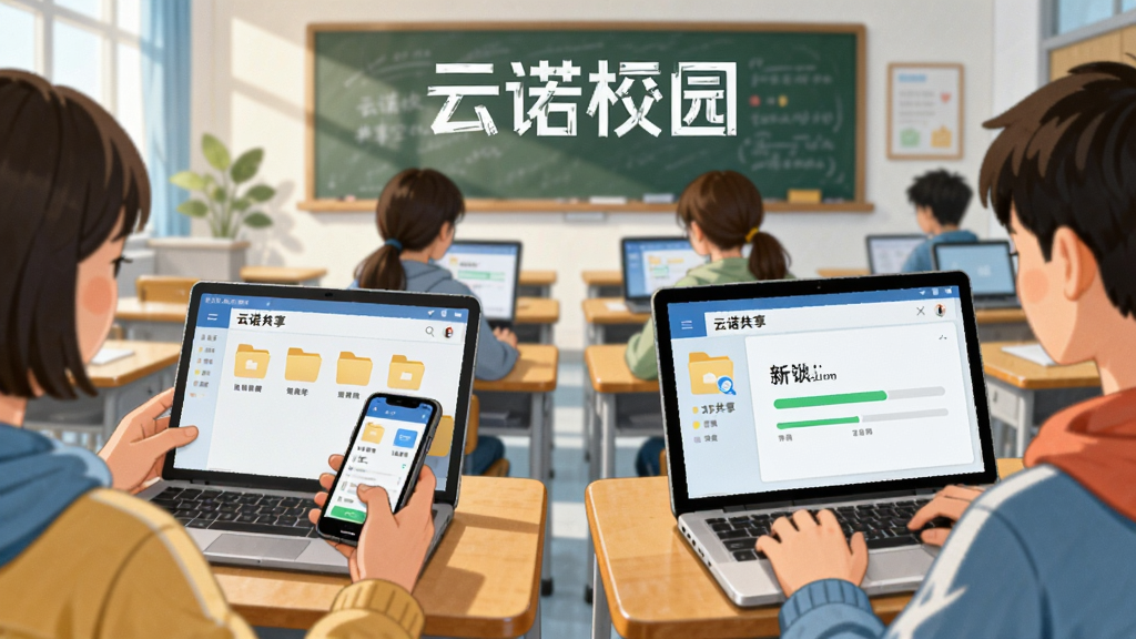 一张展示云诺校园共享空间的图片,画面主体为一间教室内学生们使用手机和电脑通过云诺共享学习资料,布局为前景学生操作设备、背景黑板与课桌,风格为明亮清新的校园插画,细节包括屏幕上显示云诺共享文件夹界面与文件传输进度条,画质细腻,无杂乱元素,图片中带有“云诺校园”文字