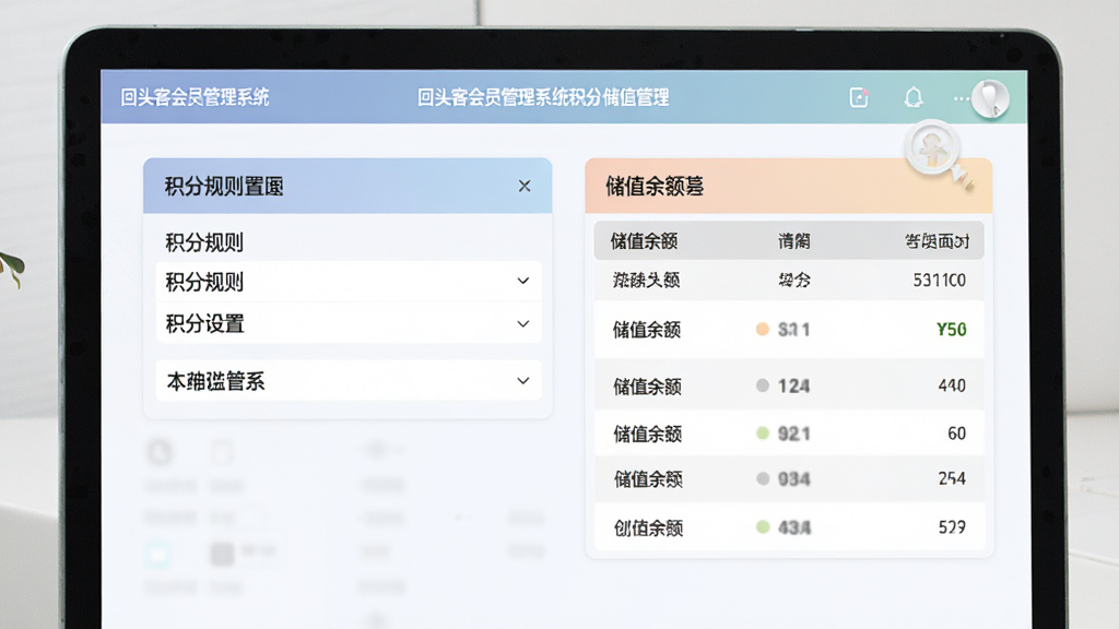 回头客会员管理系统积分储值管理界面,屏幕显示积分规则设置与储值余额列表,界面配色柔和,软件名称位于标题栏,整体风格清晰专业,画质精细,无多余装饰