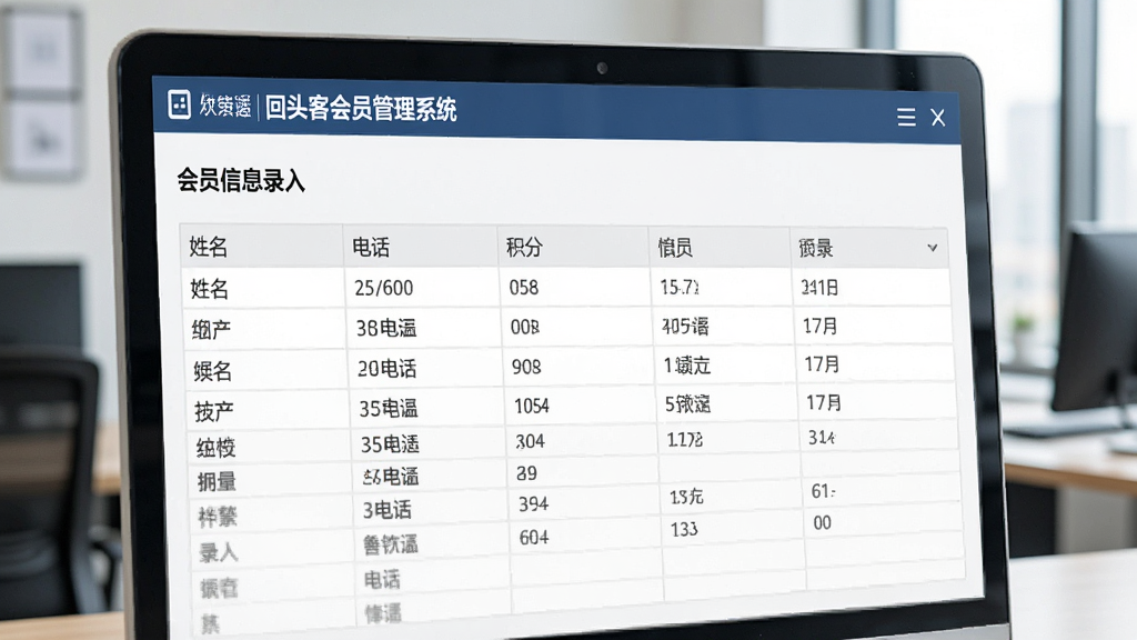 回头客会员管理系统会员信息录入界面,展示表格形式的会员列表,包含姓名、电话、积分等列,界面风格干净整洁,软件名称清晰可见,整体为商务办公场景,画质高清,无杂乱元素