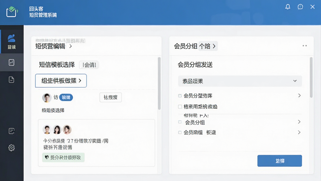 回头客会员管理系统短信营销编辑界面,展示短信模板选择与会员分组发送功能,界面简洁易用,软件名称在界面顶部,风格现代商务,画质清晰,无多余元素
