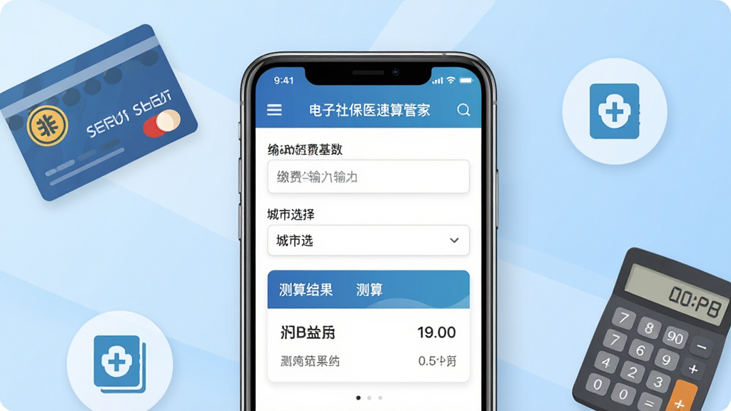 电子社保医保速算管家软件主界面展示,画面中央放置一部智能手机,手机屏幕上显示社保医保速算管家应用界面,界面包含缴费基数输入框、城市选择下拉菜单和测算结果卡片,背景为浅蓝色渐变,周围环绕社保卡、医疗保险图标和计算器元素,整体布局简洁清晰,扁平化设计风格,细节精致,画质高清,干净无多余元素
