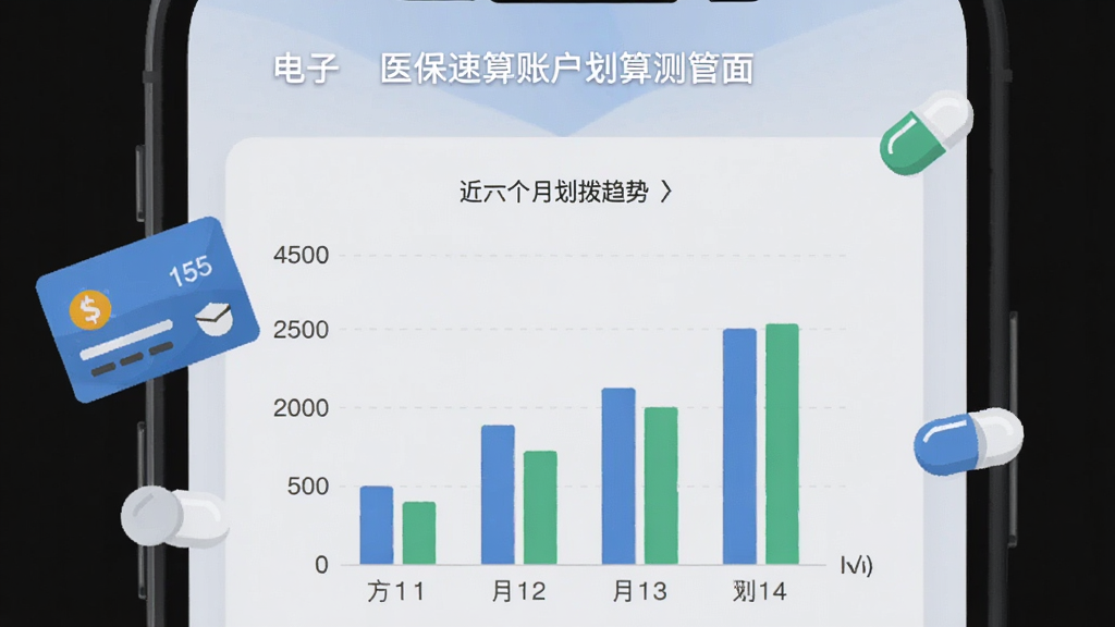 电子社保医保速算管家医保账户测算界面,手机屏幕显示医保个人账户月度划拨金额图表,包含柱状图展示近六个月划拨趋势,背景为浅灰色,图表颜色为蓝色和绿色,周围有医保卡和药片图标点缀,扁平化设计,画质高清,干净无多余元素