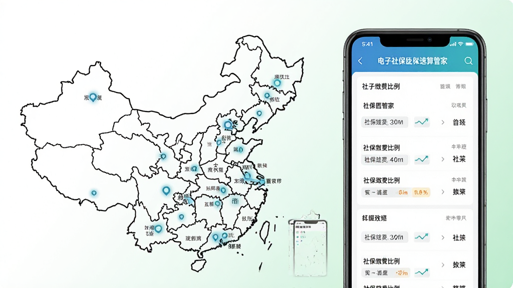 电子社保医保速算管家多城市政策适配功能展示,画面左侧为中国地图轮廓,地图上标注多个城市节点,右侧为手机屏幕显示不同城市的社保缴费比例对比列表,背景为白色与淡绿色渐变,风格商务简洁,细节清晰,画质高清,干净无多余元素