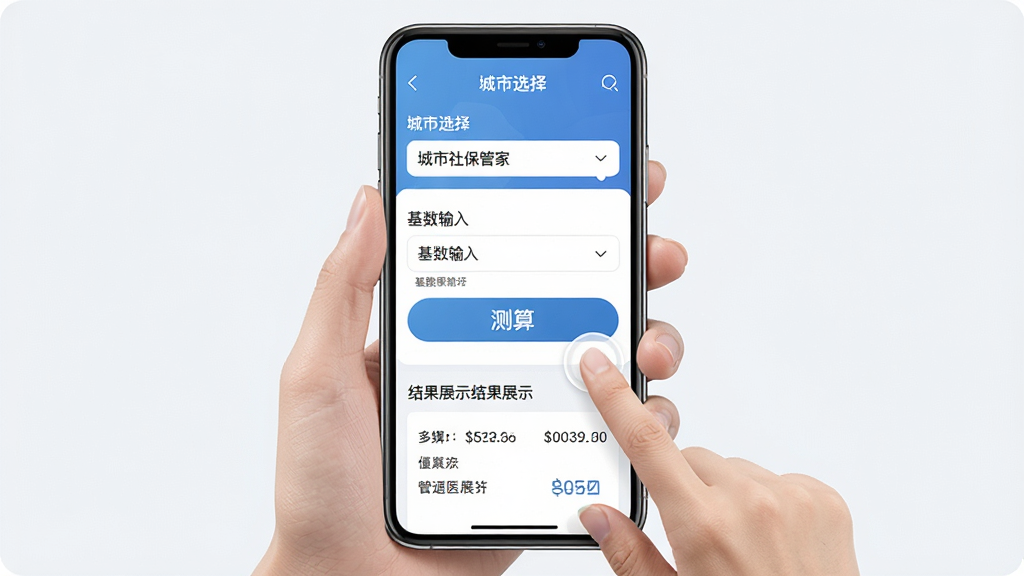 电子社保医保速算管家移动端操作演示,画面展示手机屏幕从上到下依次为城市选择、基数输入、测算按钮和结果展示四个区域,手指图标指示点击操作,背景为浅色,风格清新简洁,细节清晰,画质高清,干净无多余元素
