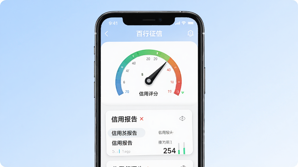一款名为百行征信的手机应用主界面展示,画面中央是手机屏幕正视图,屏幕内呈现信用评分仪表盘和信用报告卡片布局,背景为浅蓝色渐变,风格简洁商务,细节清晰,画质高清,干净无多余元素