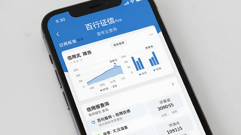 百行征信App信用报告查询页面展示,主体为手机屏幕中显示详细的信用报告列表,布局为上下结构信息卡片排列,风格专业金融,细节包含数据图表和文字说明,画质清晰,干净无多余元素