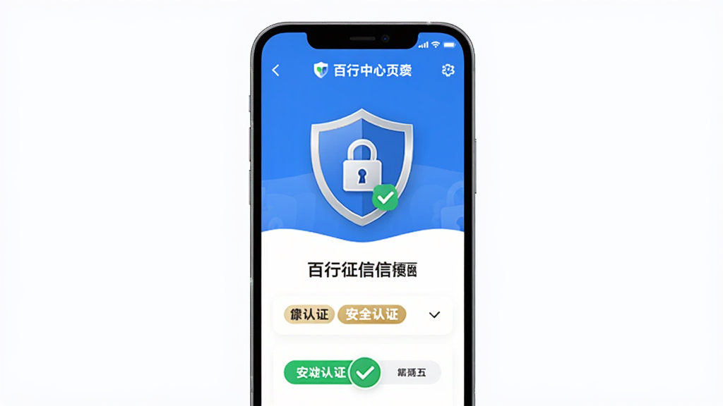百行征信App安全中心页面,主体为手机屏幕中盾牌图标和加密锁标识,布局为居中展示,风格安全可靠,细节包含安全认证标签和绿色勾选标记,画质清晰,干净无多余元素