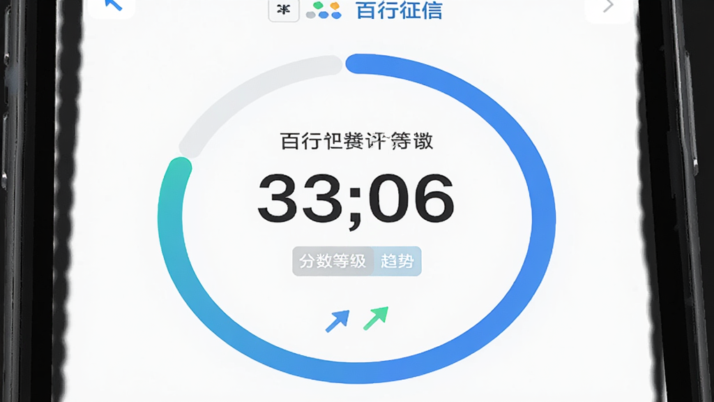 百行征信App信用评分展示界面,主体为手机屏幕中一个大号数字评分和环形进度条,布局居中排列,风格现代简洁,细节包含分数等级标签和趋势箭头,画质高清,干净无多余元素