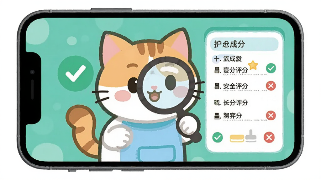 手机屏幕中显示成分喵应用界面,画面主体为一只可爱的卡通猫咪拿着放大镜查看护肤品成分表,布局为居中构图,排版清晰,风格为扁平化插画风,细节包括成分列表、安全评分标识、绿色对勾与红色叉号图标,画质高清,干净,无多余元素