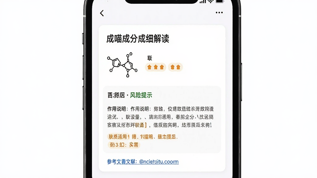 成分喵成分详情页面展示图,画面主体为手机屏幕中显示某个成分的详细解读卡片,布局为上下结构,上方为成分名称与评分下方为作用说明与风险提示,风格为简洁卡片式设计,细节包括分子结构图标、肤质适用标签、参考文献链接,画质高清,干净,无多余元素