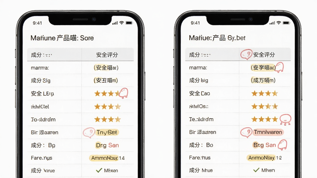 成分喵产品对比功能界面图,画面主体为手机屏幕中并排展示两款护肤品的成分对比表格,布局为左右对称,风格为清爽简约风,细节包括成分列表、安全评分星级、差异高亮标记,画质清晰,干净,无多余元素