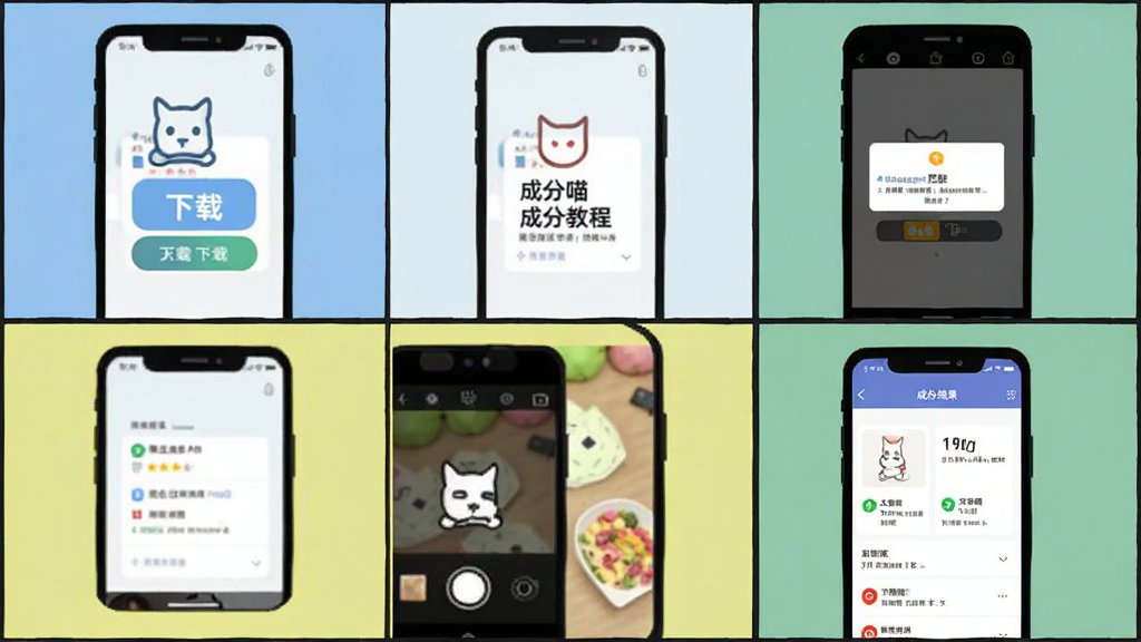 成分喵移动端使用教程示意图,画面主体为手机屏幕展示从下载到安装再到打开使用的分步操作截图,布局为纵向排列的四格漫画形式,风格为扁平化教程风,细节包括下载按钮、权限弹窗、拍照界面、成分结果页,画质清晰,干净,无多余元素