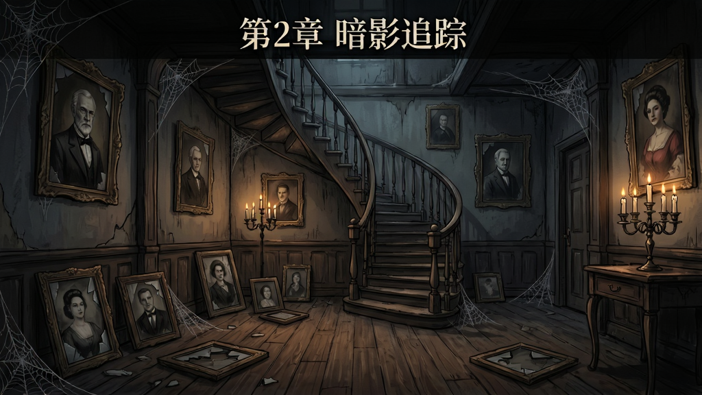 游戏内废弃宅邸大厅场景,画面中央是一段旋转楼梯,墙壁上挂着褪色的家族肖像,地面散落着破碎的相框,布局为手机竖屏,排版上方显示章节标题“第2章 暗影追踪”,风格为暗黑哥特手绘风,细节包括蜘蛛网、烛台微光、地板木纹,画质高清,干净,无多余元素