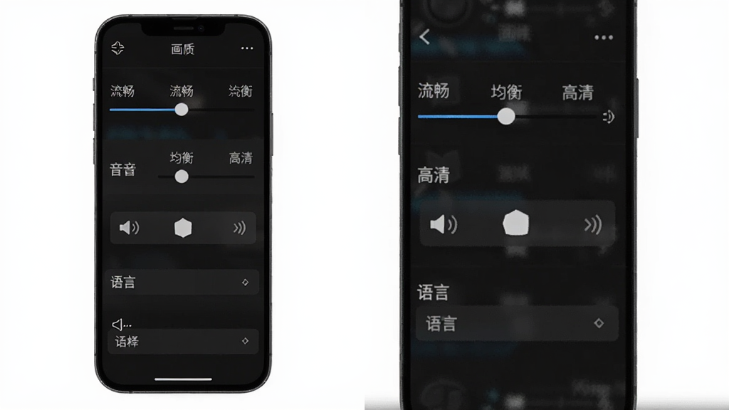 手机屏幕显示游戏设置界面,画面中有画质调节滑块、音量控制按钮、语言选择选项,布局为竖屏列表式,排版清晰,风格为简洁深色UI,细节包括“流畅”“均衡”“高清”三个档位标识,画质干净,无多余元素
