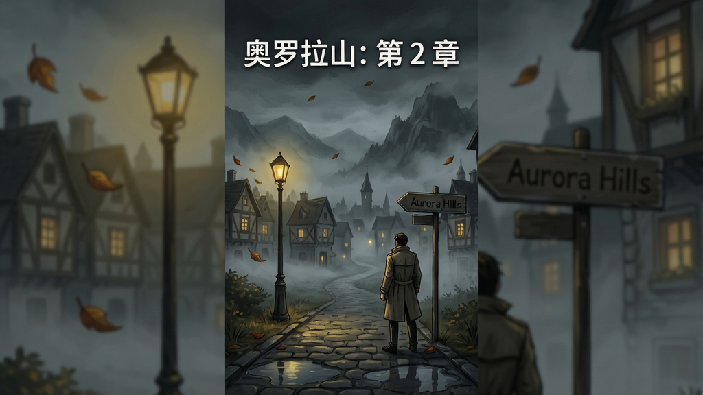 画面中央是一座被浓雾环绕的欧式山间小镇,远处山峰若隐若现,近处有一盏昏黄路灯照亮石板小路,一位身穿风衣的主角背对镜头站在路牌旁,路牌上写着“Aurora Hills”,整体布局采用竖版手机壁纸比例,排版上方留白放置游戏标题文字“奥罗拉山: 第 2 章”,风格为暗黑悬疑手绘插画风,细节包括飘落的树叶、窗内透出的微光、地面水洼倒影,画质高清,干净,无多余元素