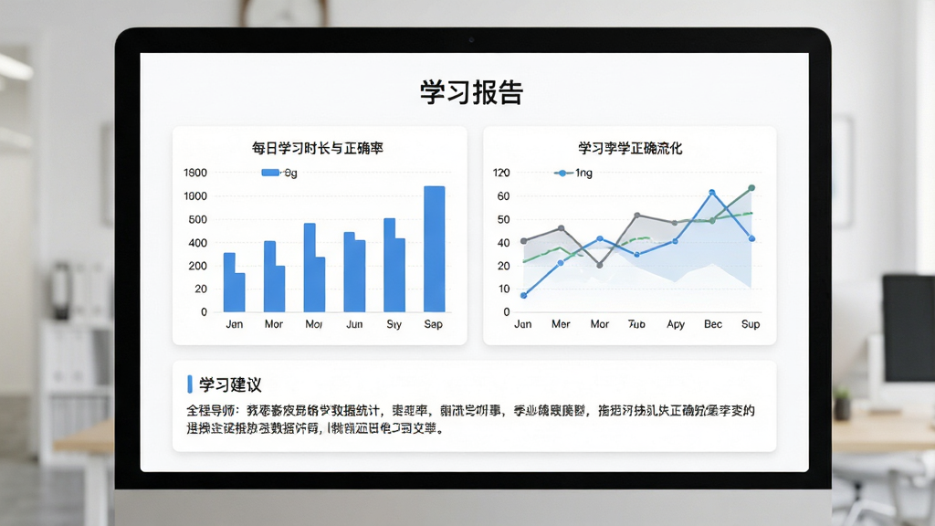 Ӣ��ȫ�̵�ʦѧϰ����ͳ��ҳ�棬���в��֣��Ϸ�Ϊ��ѧϰ���桱���⣬�м�Ϊ��״ͼ������ͼչʾÿ��ѧϰʱ������ȷ�ʱ仯���·�Ϊѧϰ�����������򣬱���Ϊ��ɫ��Ƭʽ��ƣ�����Լ����ϸ�����������ʸɾ����޶���Ԫ��