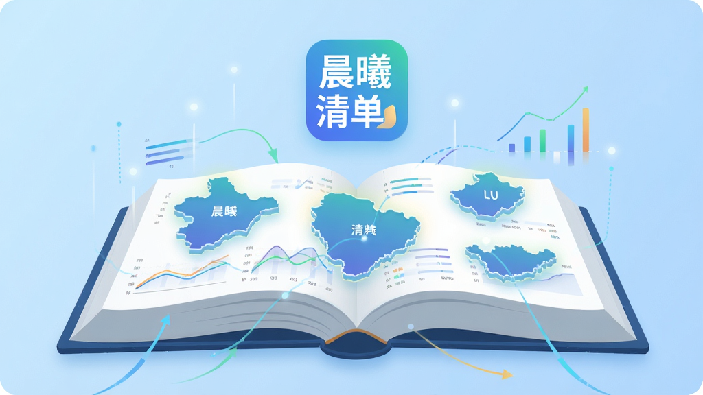 画面中央是一本打开的厚重定额书,书页上浮现出多个省份的地图轮廓与数据线条,书的上方悬浮着晨曦清单计价的软件图标,背景是浅蓝色渐变,整体布局上下结构,风格为扁平化科技风,细节包括地图轮廓的光晕效果与数据流动线条,画质清晰,干净,无多余元素