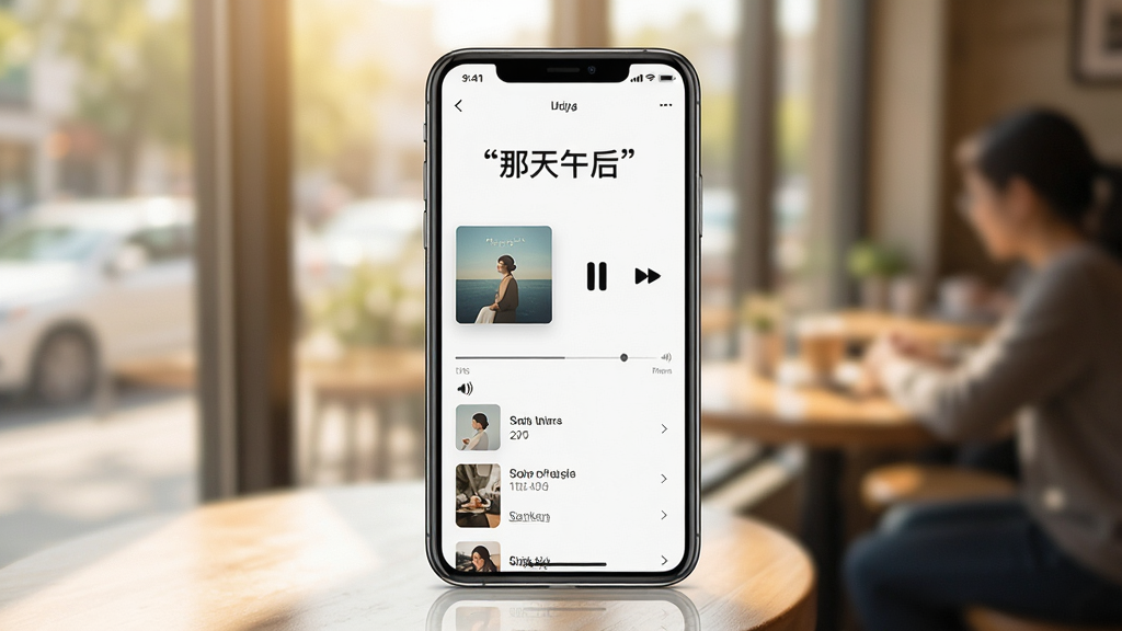 一幅以「那天午后」软件界面为主题的展示图,画面主体是一部手机,手机屏幕显示音乐播放界面,左侧为歌曲封面,右侧为播放控制按钮,背景是模糊的午后咖啡馆场景,布局采用手机居中、背景虚化的构图,风格为现代简约数码产品展示风,细节包括屏幕上的进度条、音量图标、歌单列表,画质高清,画面干净,无多余元素,手机屏幕上方用引号标注文字「那天午后」