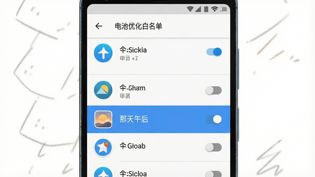 一张安卓手机设置界面的截图风格示意图,画面主体是手机屏幕,屏幕内显示电池优化白名单设置页面,列表中有多个应用图标,其中「那天午后」被高亮选中,布局采用上下结构,风格为系统设置界面展示,细节包括开关按钮、应用名称文字、返回箭头,画质高清,画面干净,无多余元素