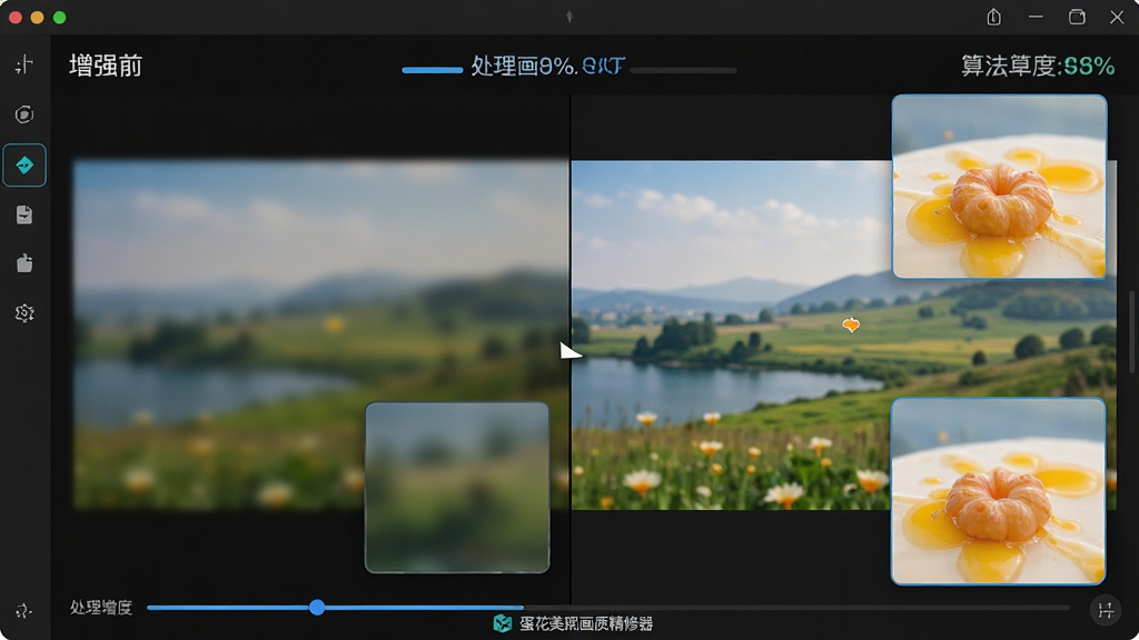 一张展示蛋花美照画质精修器智能画质增强功能的图片,主体为软件界面中一张模糊的风景照片正在被处理为清晰照片的对比效果,布局为左右分屏对比,排版简洁,风格为写实科技风,细节包括增强前后的细节放大展示、处理进度百分比、算法标识文字