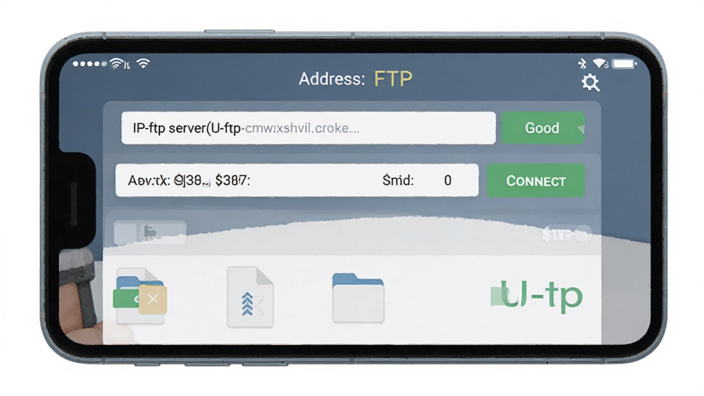 U-ftp server�ƶ������Ӳ���ʾ��ͼ������Ϊ�ֻ���Ļ��ʾFTP�ͻ������ӽ��棬����Ϊ�Ϸ���ַ�����·��ļ��б����Ű���ֱ�ۣ����Ϊ��ƽ���ƶ�UI�磬ϸ�ڰ���IP��ַ����򡢶˿ںš����Ӱ�ť���ļ���ͼ�꣬���ʸ���ɾ��޶���Ԫ��