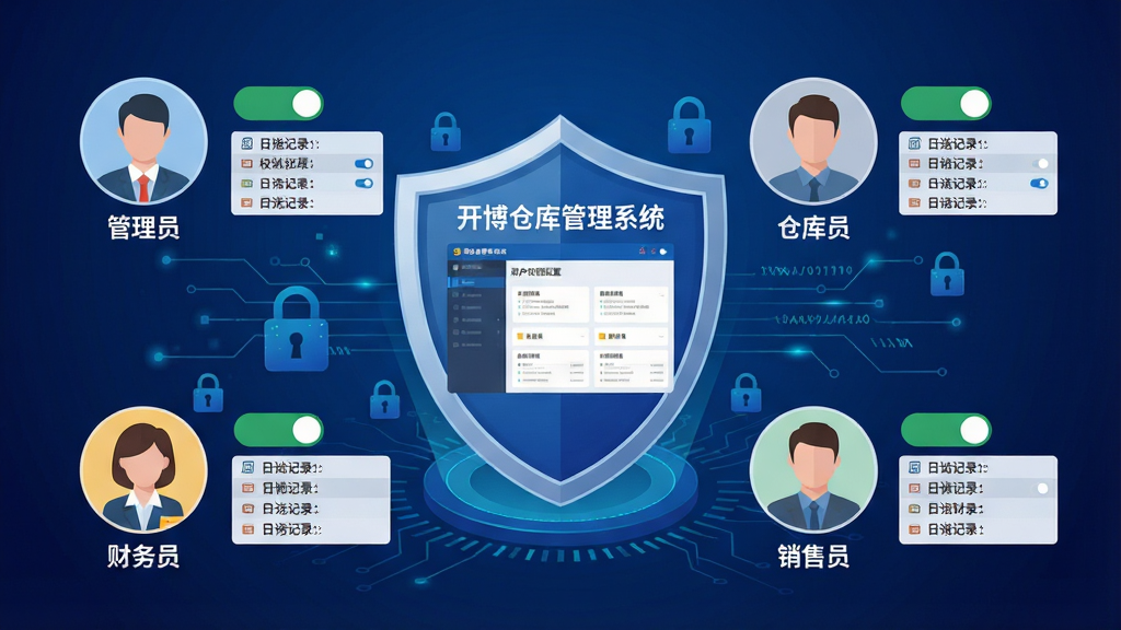 权限分级与数据安全概念图,画面中央展示一个盾牌图标,盾牌内部显示