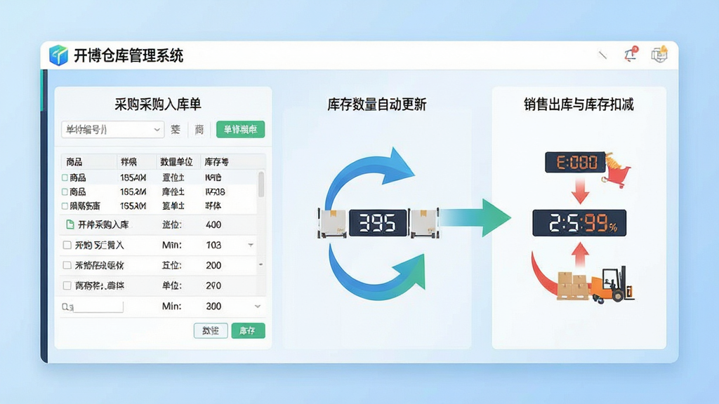 进销存一体化管理功能展示图,画面主体为