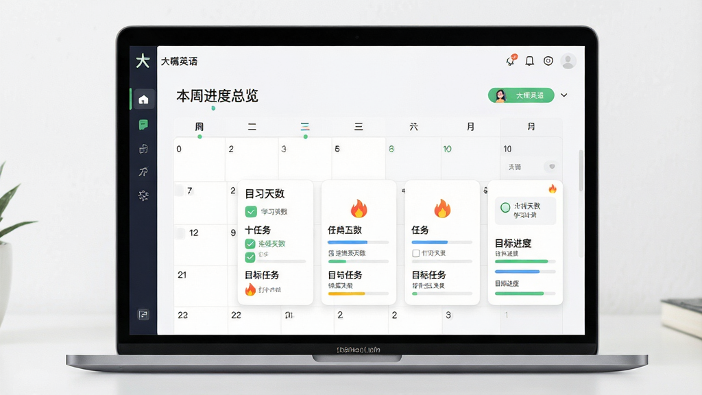����Ӣ����Ի�ѧϰ�ƻ�ҳ�棬��������Ϊ�ʼǱ�������Ļ����Ļ����ʾ����ʽѧϰ�ƻ����������Ϸ�Ϊ���ܽ����������·�Ϊÿ������Ƭ���Ű���������Ϊ����Ч�ʹ��߷磬ϸ�ڰ����򿨹�ѡ��������������ͼ�ꡢĿ������������ʸ���ɾ��޶���Ԫ�أ������д�������