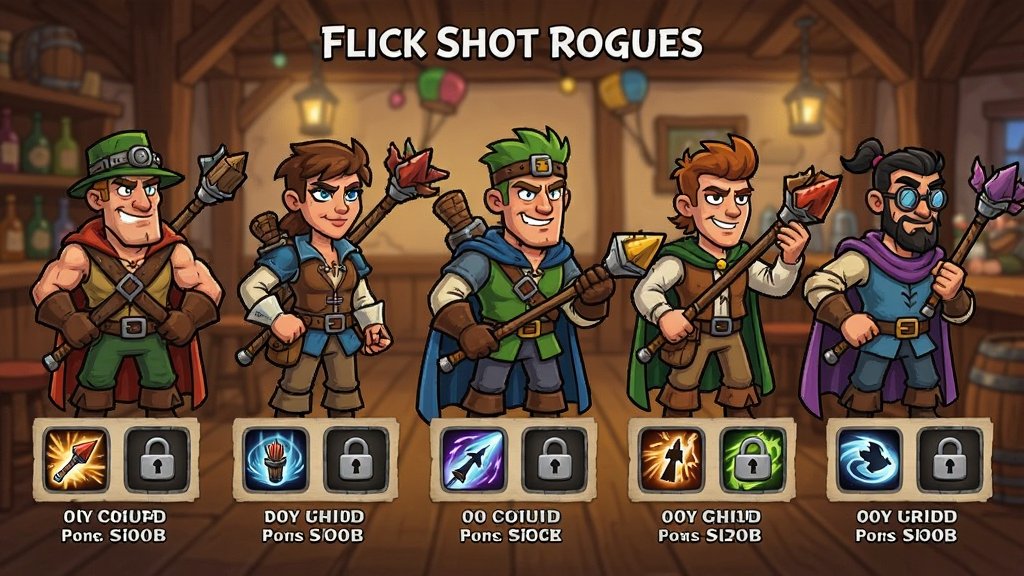 Flick Shot Rogues角色选择界面,五位不同造型的弹射英雄站成一排,每位角色下方显示技能图标与解锁条件,背景为复古酒馆,风格为美式卡通,细节包含角色表情、装备细节、锁形图标,画质清晰,干净,无多余元素