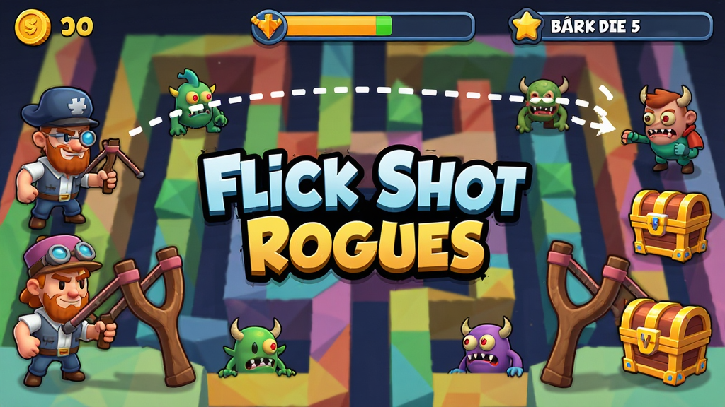 游戏主界面中央展示Flick Shot Rogues标题,左右两侧排列卡通风格角色与弹弓道具,背景为彩色几何迷宫,顶部显示金币与关卡进度条,风格为美式卡通渲染,细节包含弹道轨迹虚线、敌人小怪、强化宝箱图标,画质高清,干净,无多余元素