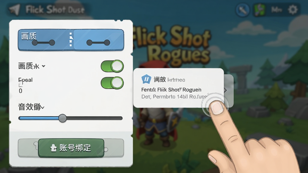 Flick Shot Rogues手机界面截图展示设置菜单,包含画质选项、帧率开关、音效调节、账号绑定按钮,背景为游戏主菜单模糊虚化,风格为简洁卡通,细节包含手指点击操作、权限提示弹窗,画质清晰,干净,无多余元素