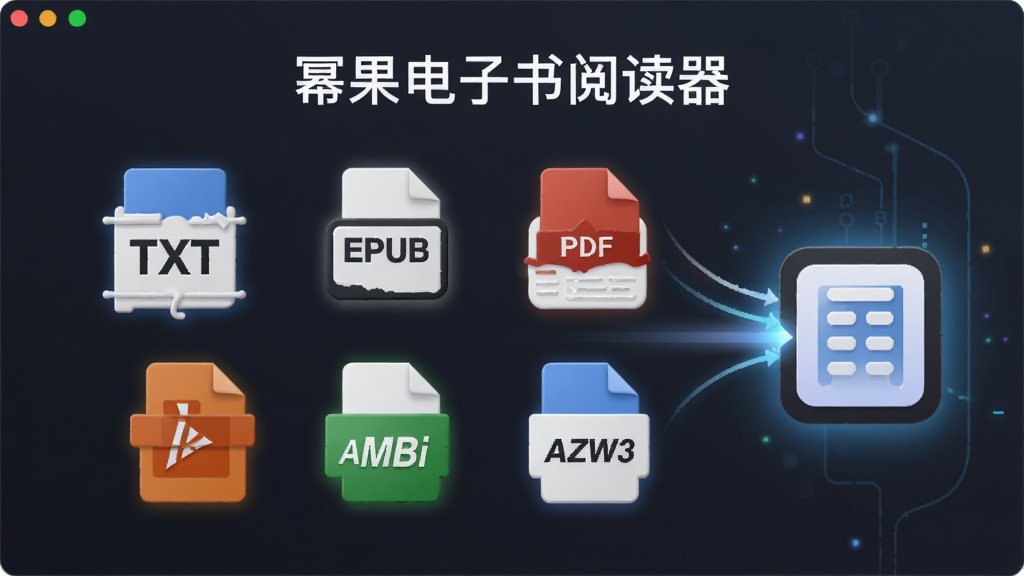 软件名称「幂果电子书阅读器」,主体为软件界面中央展示多个电子书格式图标TXT、EPUB、PDF、MOBI、AZW3整齐排列并汇聚进入一个发光的阅读器图标中,布局横向展开,风格为扁平化科技感,细节包含格式图标带有轻微立体感与光晕,画质高清,干净,无多余元素