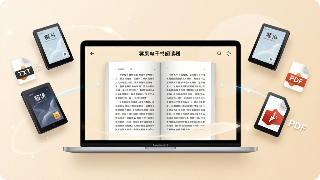 软件名称「幂果电子书阅读器」,主体为一台打开的笔记本电脑屏幕,屏幕上显示整洁的电子书阅读界面,书籍页面排版清晰,背景为柔和护眼米黄色,周围环绕几本悬浮的电子书封面与TXT、EPUB、PDF格式图标,布局居中对称,风格为现代简约科技风,细节包含柔和阴影与微光效,画质高清,干净,无多余元素