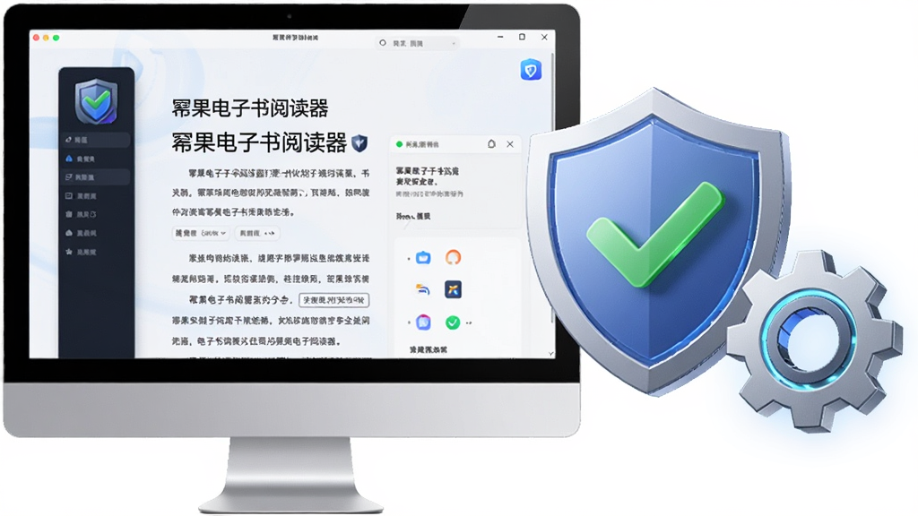 软件名称「幂果电子书阅读器」,主体为电脑屏幕显示软件运行正常的阅读界面,旁边悬浮一个盾牌图标与齿轮图标,布局为左右结构,风格为科技安全风,细节包含盾牌上有绿色对勾、齿轮带有微光,画质高清,干净,无多余元素