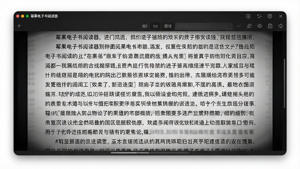 软件名称「幂果电子书阅读器」,主体为全屏阅读模式下的软件界面,屏幕中只显示排版整齐的电子书文字内容,背景为深色夜间模式,布局为全屏铺满,风格为极简沉浸式阅读,细节包含文字清晰锐利、页面边缘有轻微暗角效果,画质高清,干净,无多余元素