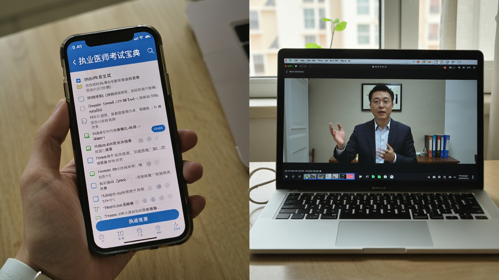一张展示执业医师考试宝典在手机和电脑上同时使用的场景图,画面左侧是手持手机刷题,右侧是笔记本电脑显示视频课程,布局为左右分屏,风格为生活化实拍,细节包括手机屏幕上的题目和电脑上的讲师画面,画质清晰,光线自然,无多余元素