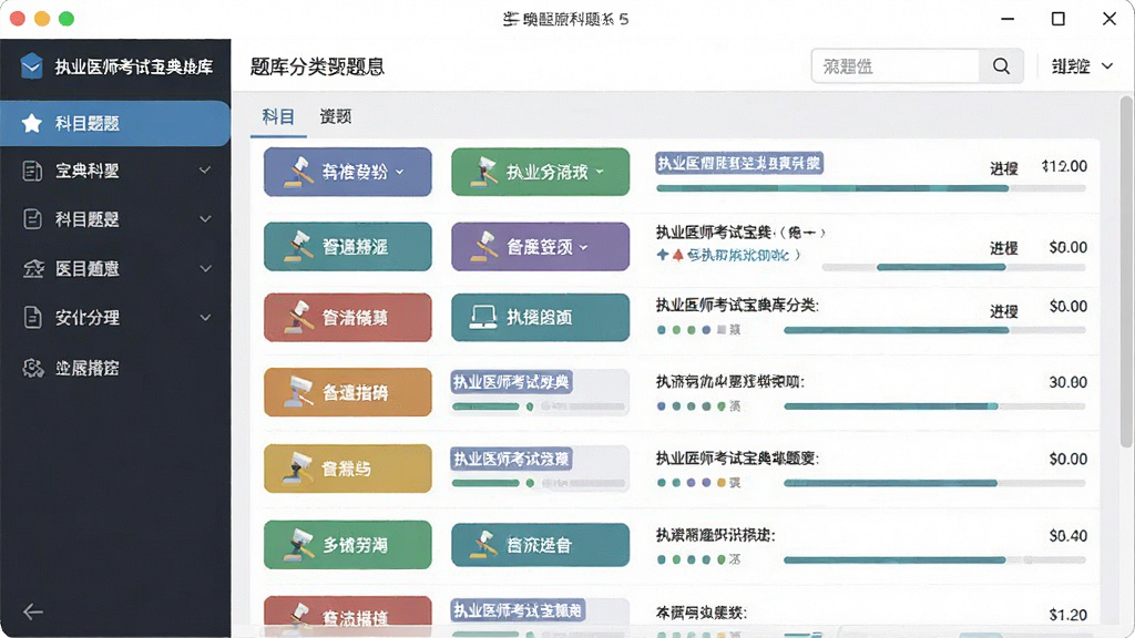 一张展示执业医师考试宝典题库分类界面的图片,画面主体是软件窗口内排列整齐的科目按钮和题目列表,布局采用左侧导航栏加右侧内容区的经典设计,风格为现代扁平化UI,细节包括不同颜色的科目标签和进度条,画质清晰,无杂乱元素