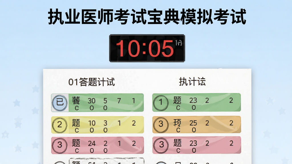 一张展示执业医师考试宝典模拟考试界面的图片,画面中央是答题卡和倒计时器,背景为淡蓝色渐变,布局突出考试计时与题目序号,风格为严肃考试场景,细节包括已答题和未答题的不同标记颜色,画质清晰,无多余装饰