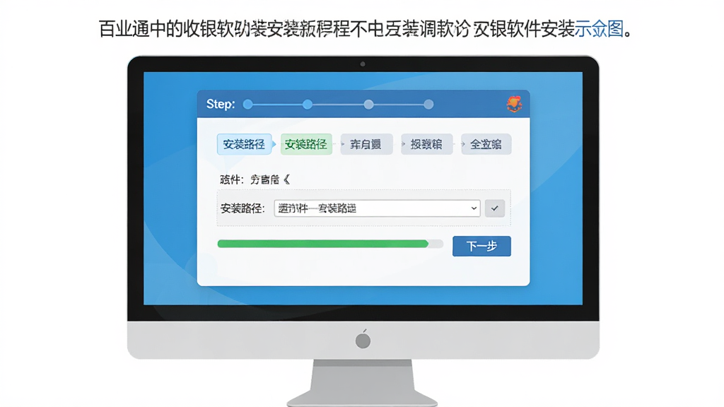 百业通中英文收银软件安装教程示意图,主体为电脑屏幕上显示安装向导界面,布局为步骤条与选项按钮,排版简洁,风格为扁平化教程风,细节包括安装路径选择、下一步按钮、进度条,画质高清,干净,无多余元素