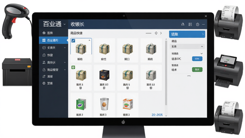 软件界面全貌展示,主体为百业通中英文收银软件运行在Windows电脑上的主操作界面,布局为左侧功能导航栏、中间商品快捷区、右侧结账面板,排版清晰整洁,风格为现代商务简约风,细节包括商品图标、扫码枪、钱箱、小票打印机等外设元素融入背景,画质高清,干净,无多余元素