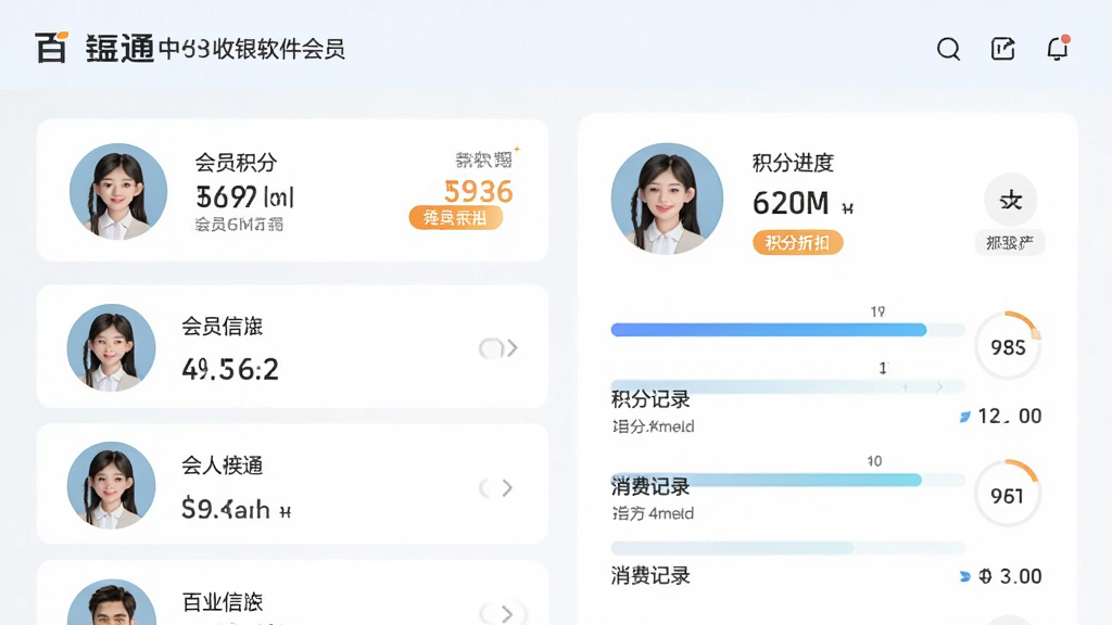 百业通中英文收银软件会员管理功能,主体为会员信息卡片和积分进度条,布局为左侧会员列表右侧详情面板,排版规整,风格为清新浅色商务风,细节包括会员头像、积分数字、折扣标签、消费记录,画质高清,干净,无多余元素