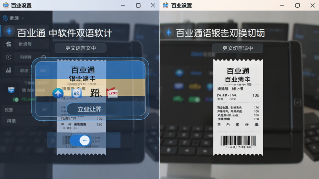 百业通中英文收银软件双语切换功能展示,主体为软件设置界面中英文语言选项高亮显示,布局为左右分栏对比中英文界面,排版整齐,风格为科技商务风,细节包括切换按钮、语言图标、中英文小票预览,画质高清,干净,无多余元素