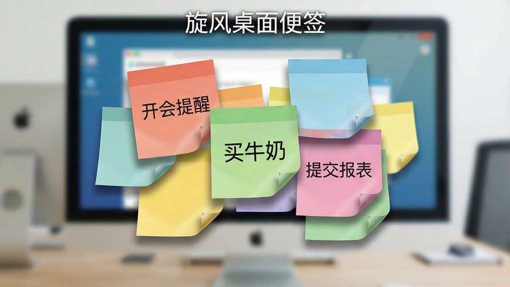 软件名称“旋风桌面便签”作为界面标题,主体为电脑屏幕中央悬浮多张彩色便签,便签上写有“开会提醒”“买牛奶”“提交报表”等文字,布局为便签错落堆叠,排版自然,风格为清新办公风,细节包括便签边缘卷角、半透明阴影、桌面背景虚化,画质干净清晰,无多余元素