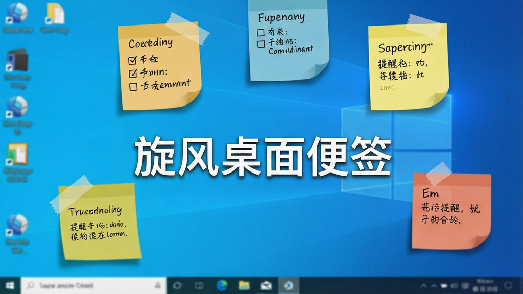 软件名称“旋风桌面便签”居中显示,主体为一张干净的Windows电脑桌面,桌面上贴着几张彩色便签纸,便签上有手写风格的待办清单和提醒文字,布局采用俯视视角,排版简洁,风格为现代扁平化UI,细节包括便签阴影、圆角、桌面图标淡化处理,画质清晰干净,无多余元素