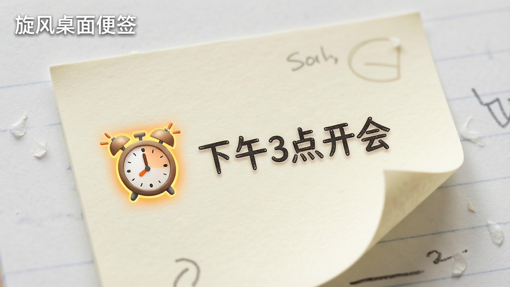 软件名称“旋风桌面便签”出现在便签角落,主体为一张便签特写,便签上有一个小闹钟图标和“下午3点开会”文字,布局为便签居中,排版突出提醒元素,风格为简约图标风,细节包括闹钟高亮、便签纹理、柔和光影,画质清晰干净,无多余元素