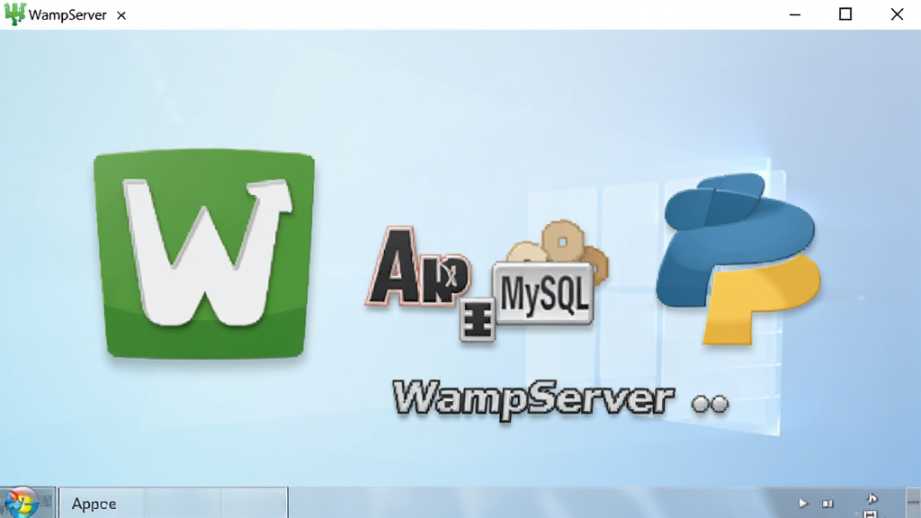 WampServer软件主界面展示,画面中央是一个简洁的Windows桌面环境,桌面上放置着WampServer的绿色图标,图标旁边有Apache、MySQL、PHP的标识,背景是柔和的浅蓝色渐变,整体布局干净整洁,风格为扁平化科技感,细节上图标带有轻微立体阴影,画质清晰,文字标注