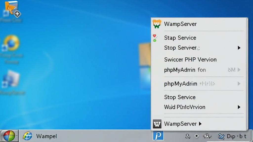 WampServer系统托盘右键菜单截图,画面展示Windows任务栏右下角托盘区域,WampServer图标被右键点击后弹出菜单列表,菜单中包含启动服务、停止服务、切换PHP版本、phpMyAdmin等选项,背景为Windows桌面模糊效果,布局为竖向菜单排版,风格为真实软件界面截图,细节上菜单项文字清晰可辨,画质高清,画面干净无多余元素