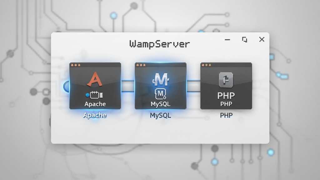 WampServer一键安装界面,画面主体是一个安装进度条窗口,窗口内显示Apache、MySQL、PHP三个模块依次点亮,背景是淡灰色渐变,布局采用居中对称排版,风格为现代简约科技风,细节上进度条带有蓝色光效,文字标注