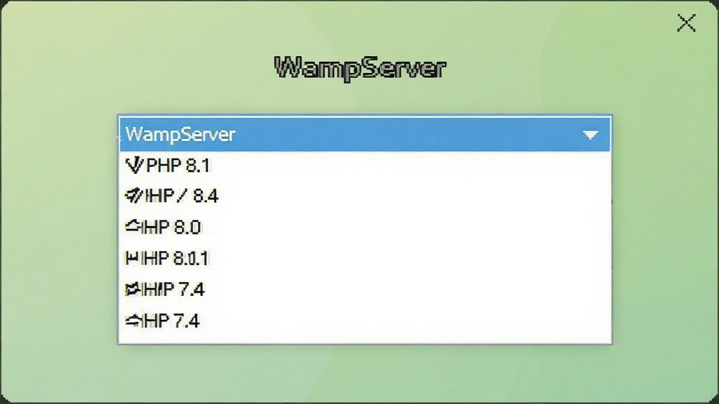 WampServer PHP版本切换界面,画面中央是一个下拉选择框,框内列出PHP 7.4、PHP 8.0、PHP 8.1等多个版本选项,背景是浅绿色渐变,布局为居中弹窗样式,风格为清爽工具类界面,细节上选项文字带有版本号标注,画质清晰,文字标注